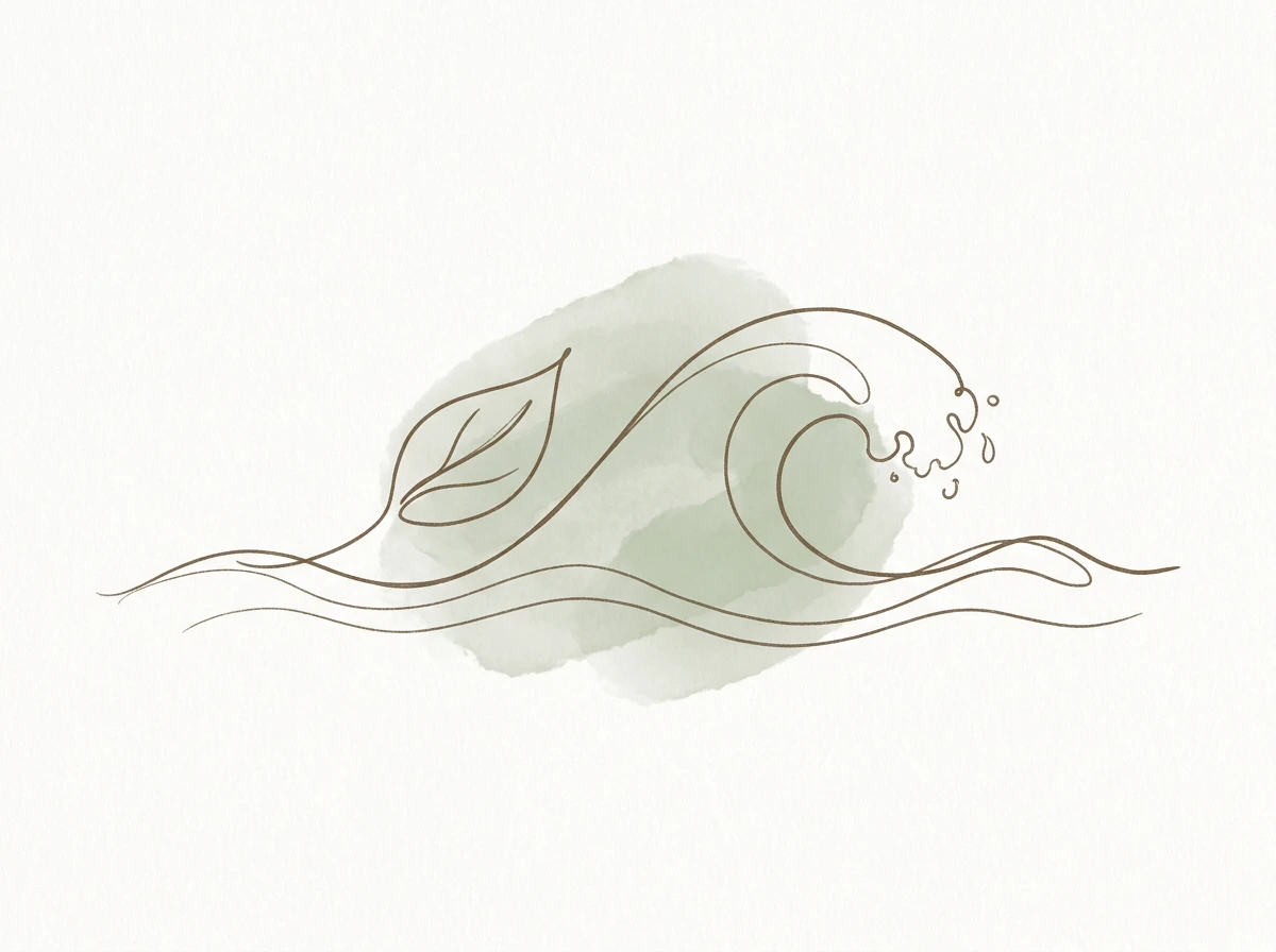 Line-art drawing of an ocean wave curling beside a single leaf