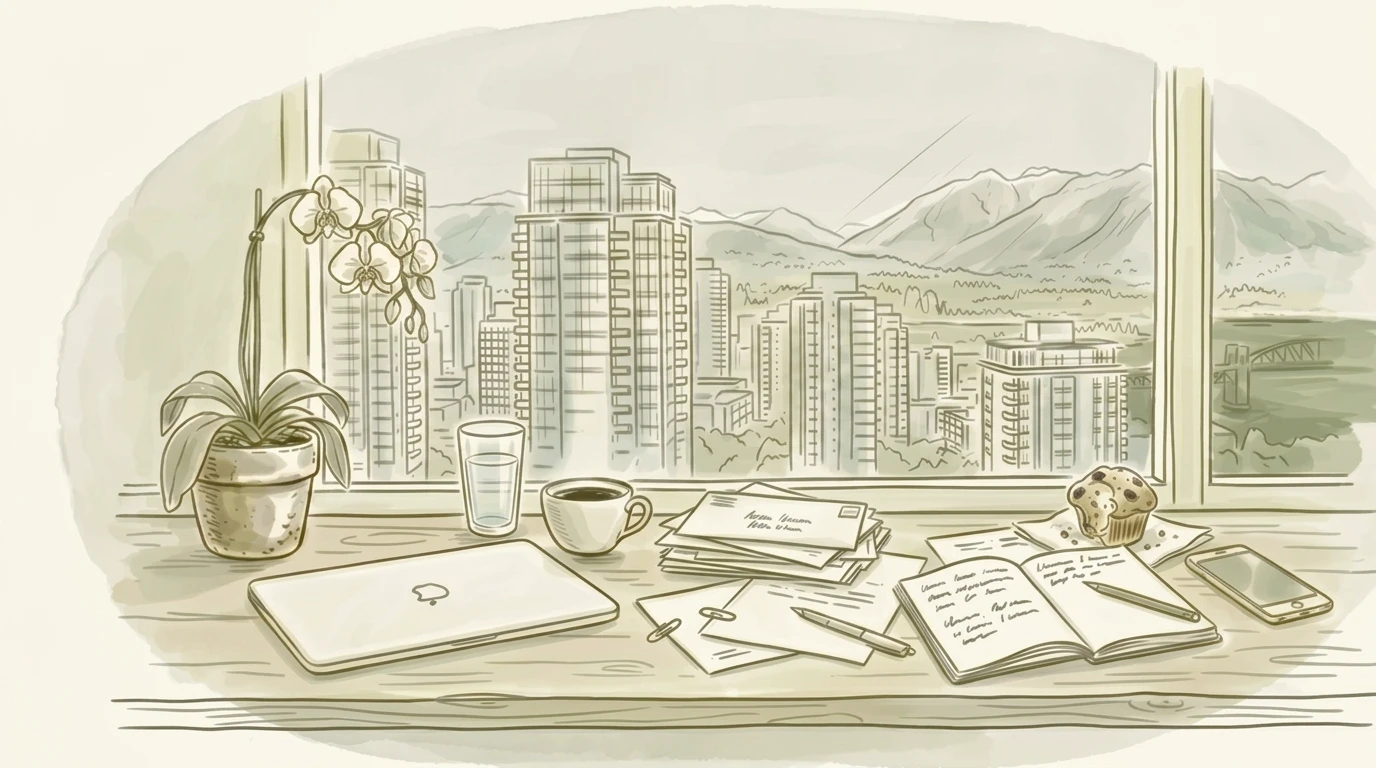 Line-and-watercolor illustration in olive-gold ink on cream paper with a soft sage wash: a downtown Vancouver windowsill still-life of a wilting white-bloom orchid in a ceramic pot, beside a closed laptop, coffee cup, glass of water, half-eaten blueberry muffin on a napkin with crumbs on the plate and table, stacked envelopes, scattered papers, an open notebook, and a phone face-down, with an open window framing glass residential towers and faint North Shore mountains.